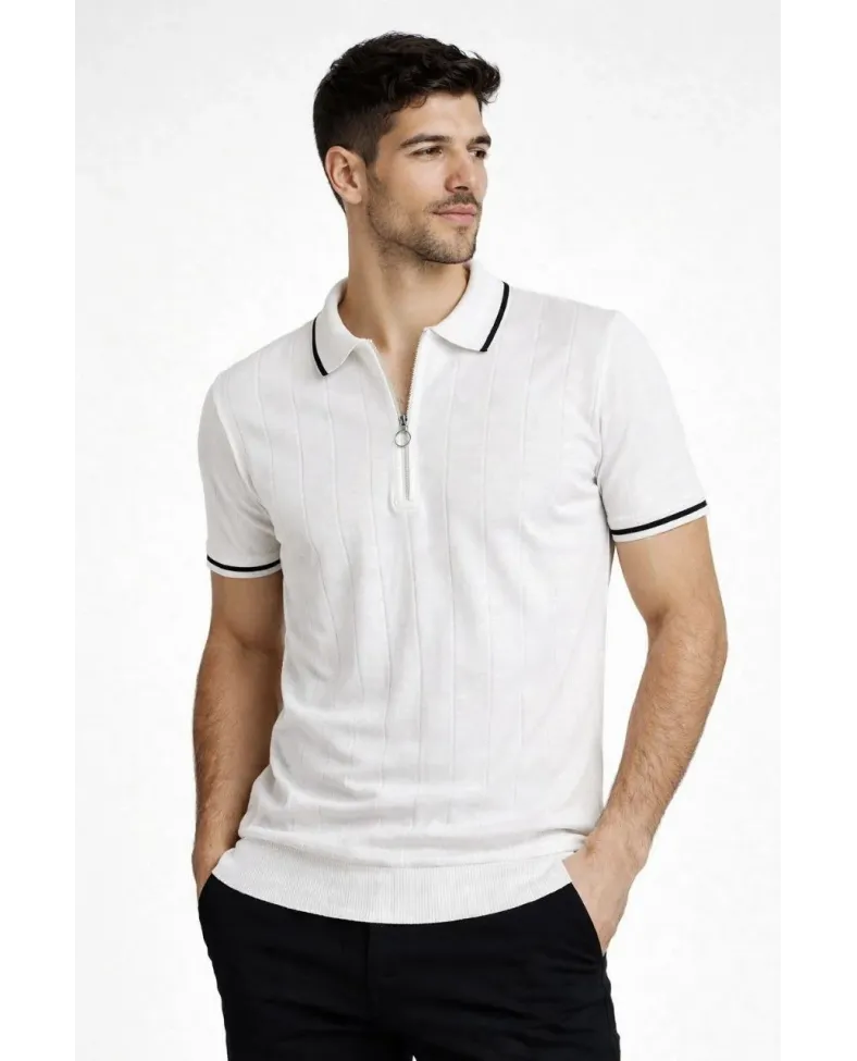 Erkek Triko Tişört Fermuarlı Polo Yaka Kısa Kol T-Shirt 3’lü Set Beyaz-Haki-Siyah