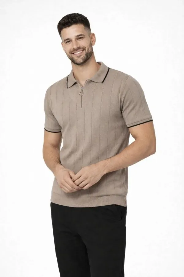Erkek Triko Tişört Fermuarlı Polo Yaka Kısa Kol T-Shirt 3’lü Set Kahve-Siyah-Beyaz