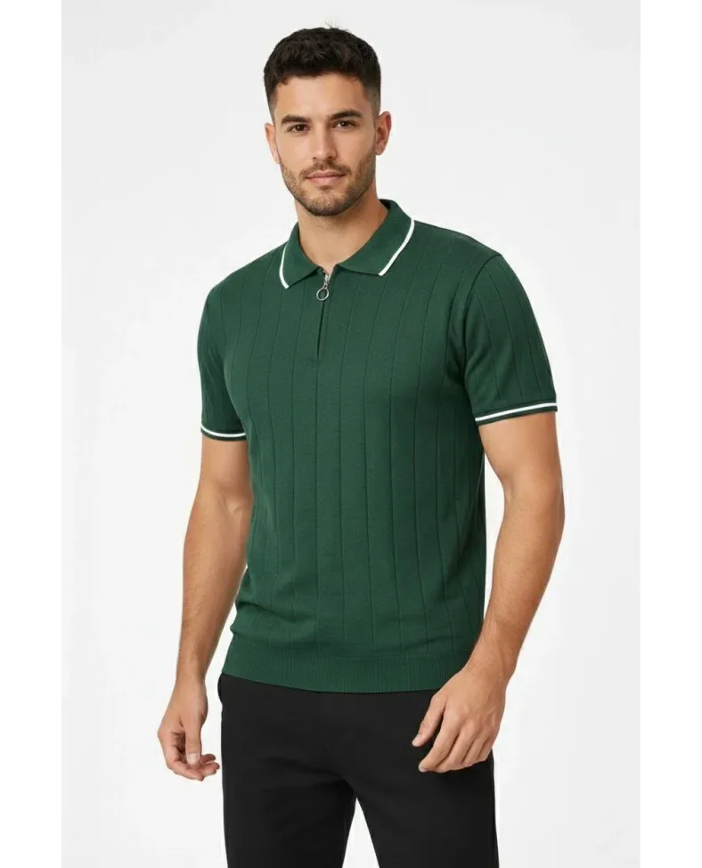 Erkek Triko Tişört Fermuarlı Polo Yaka Kısa Kol T-Shirt 3’lü Set Beyaz-Haki-Siyah