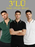 Erkek Triko Tişört Fermuarlı Polo Yaka Kısa Kol T-Shirt 3’lü Set Beyaz-Haki-Siyah