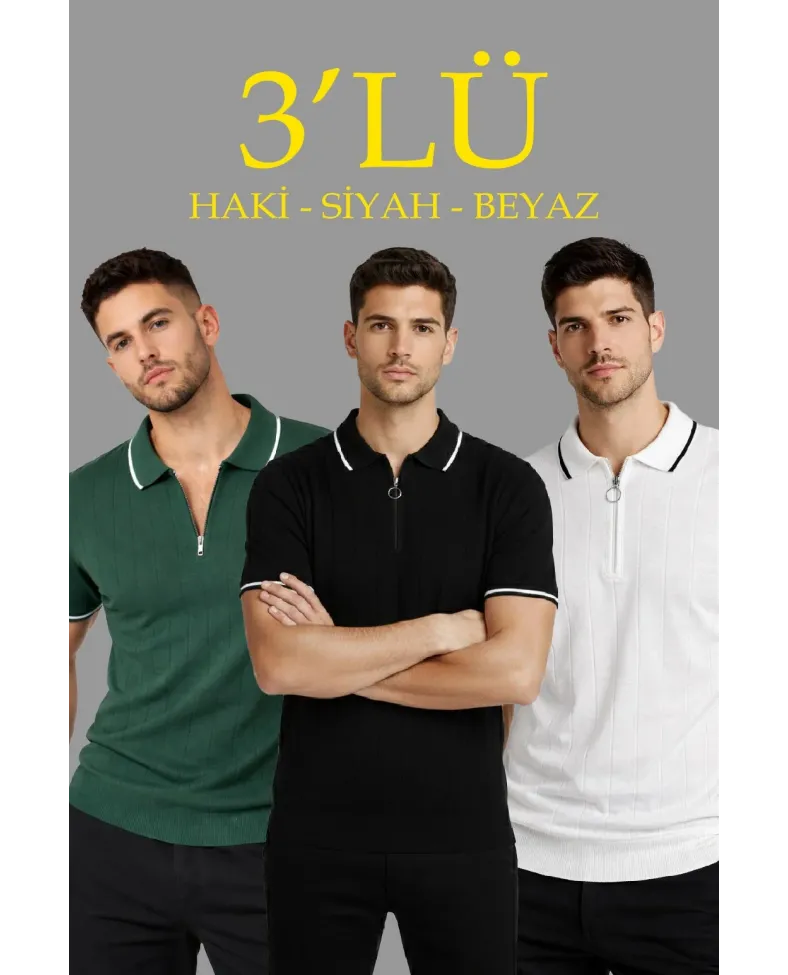 Erkek Triko Tişört Fermuarlı Polo Yaka Kısa Kol T-Shirt 3’lü Set Beyaz-Haki-Siyah