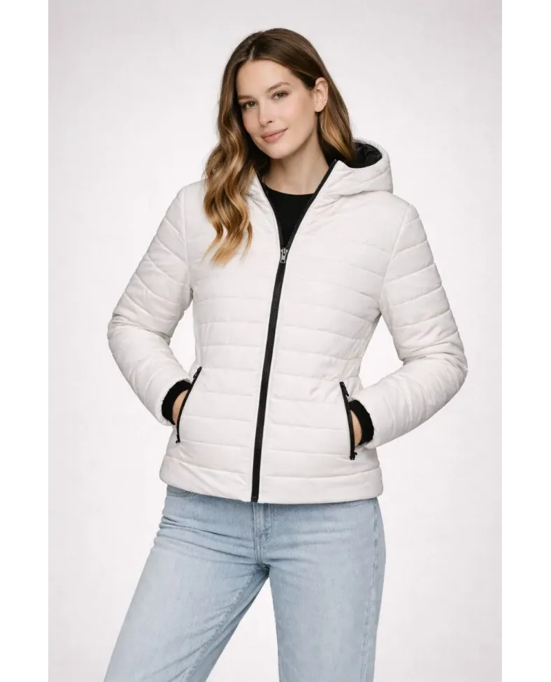 Kadın Şişme Kapüşonlu Fermuarlı Mont Su itici Kapitone Astarlı Kumaş Cepli Kışlık Rahat Kalıp - Krem