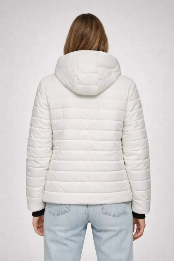 Kadın Şişme Kapüşonlu Fermuarlı Mont Su itici Kapitone Astarlı Kumaş Cepli Kışlık Rahat Kalıp - Krem