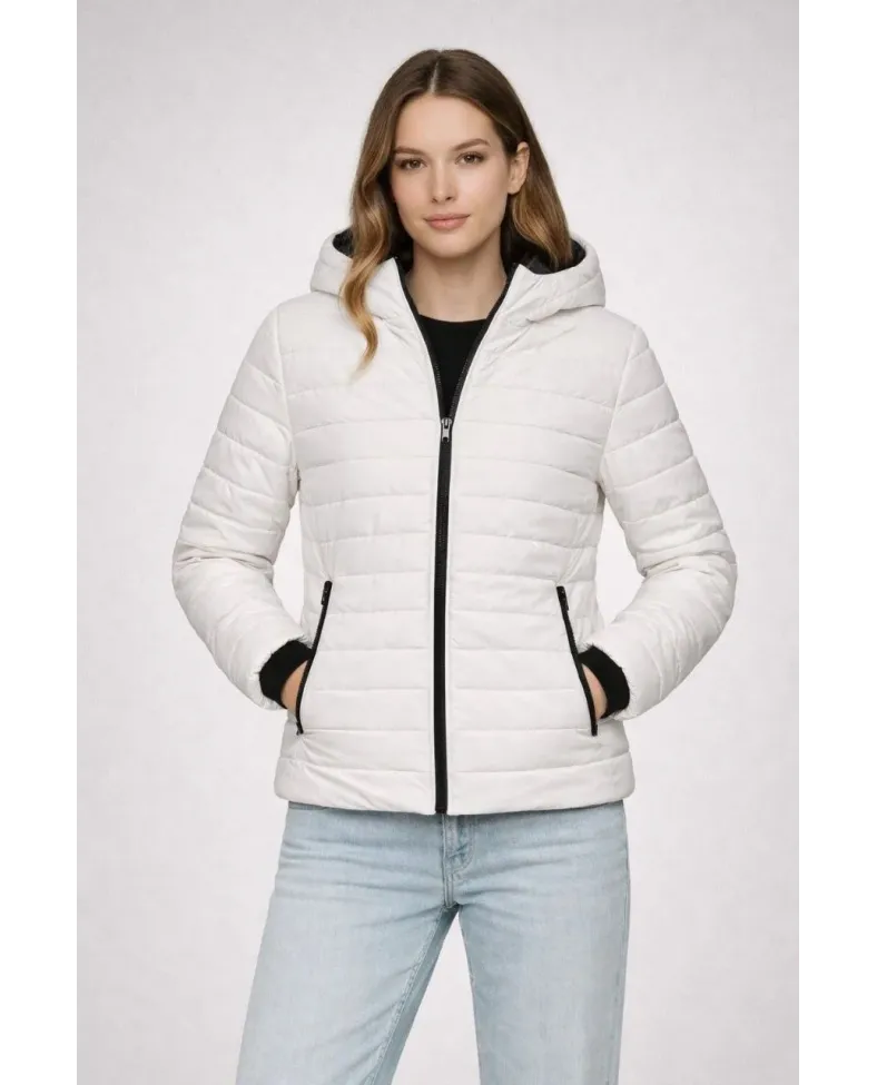 Kadın Şişme Kapüşonlu Fermuarlı Mont Su itici Kapitone Astarlı Kumaş Cepli Kışlık Rahat Kalıp - Krem