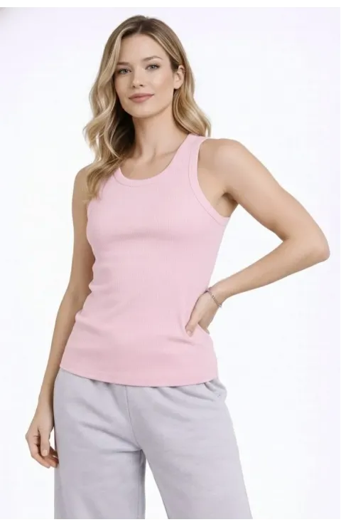 Kadın Fitilli Atlet Sıfır Yaka Slim Fit Arka Baskılı Spor Atlet - Pembe