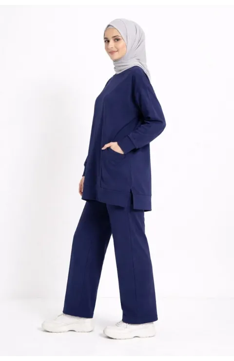 Osy Modal yumuşak dokulu Kumaş Tesettür Cepli Tunik Pantolon Takım - Lacivert