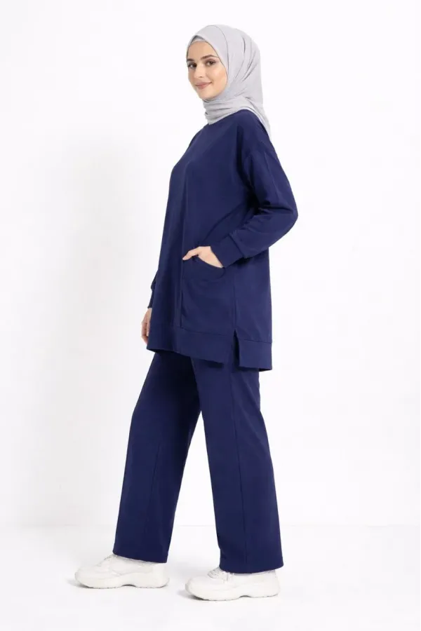 Osy Modal yumuşak dokulu Kumaş Tesettür Cepli Tunik Pantolon Takım - Lacivert