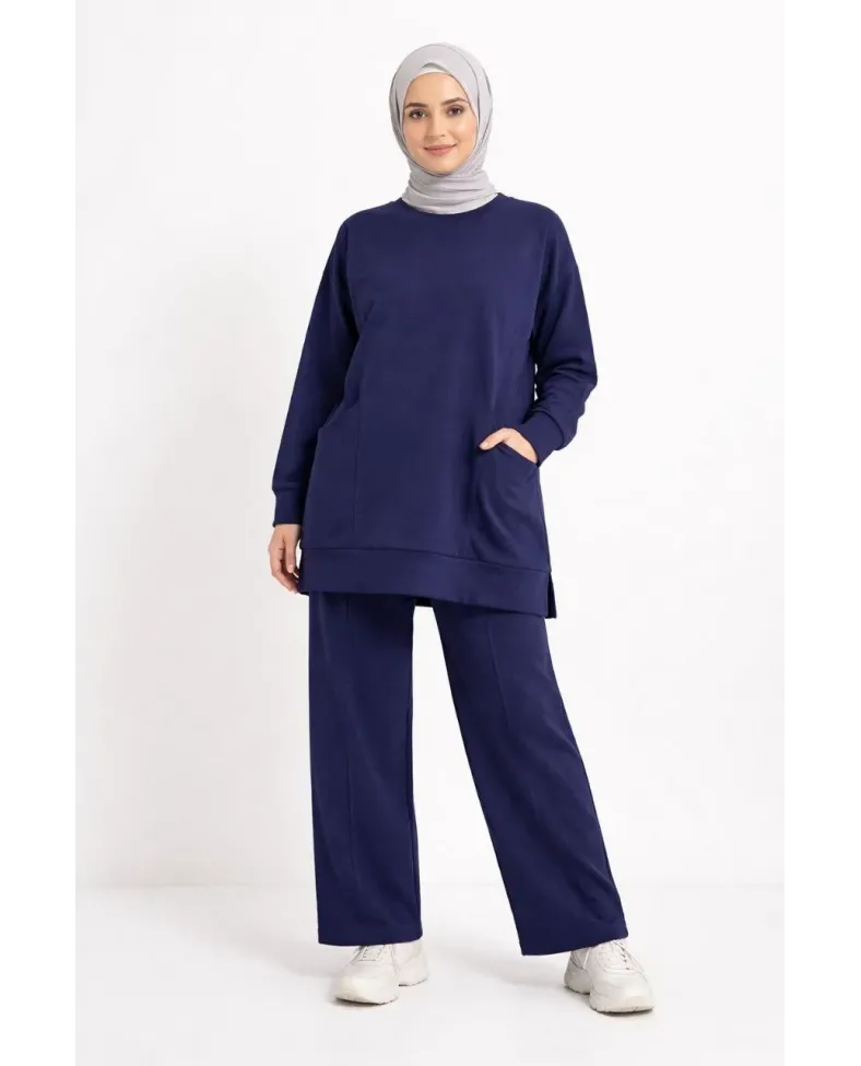 Osy Modal yumuşak dokulu Kumaş Tesettür Cepli Tunik Pantolon Takım - Lacivert