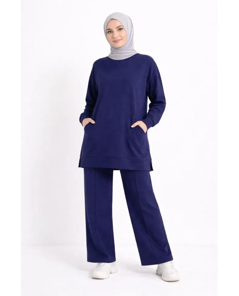 Osy Modal yumuşak dokulu Kumaş Tesettür Cepli Tunik Pantolon Takım - Lacivert