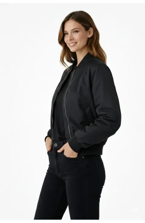 Kadın Premium Bomber Ceket Çıtçıt Kapamalı, Ribana Manşetli, Astarlı, Regular Fit Mont - Siyah