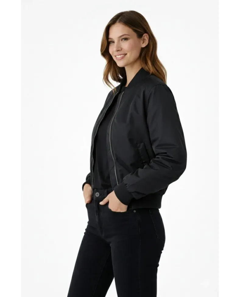 Kadın Premium Bomber Ceket Çıtçıt Kapamalı, Ribana Manşetli, Astarlı, Regular Fit Mont - Siyah