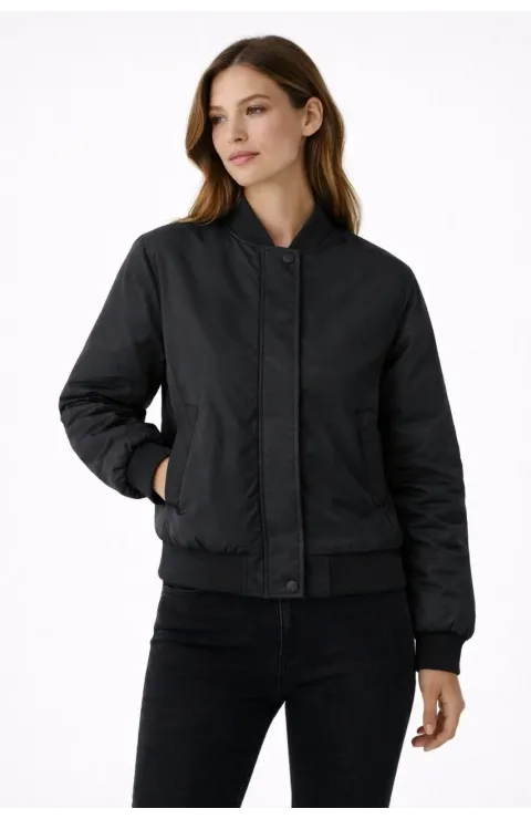 Kadın Premium Bomber Ceket Çıtçıt Kapamalı, Ribana Manşetli, Astarlı, Regular Fit Mont - Siyah