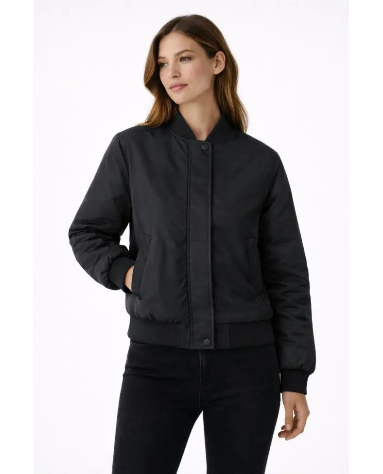 Kadın Premium Bomber Ceket Çıtçıt Kapamalı, Ribana Manşetli, Astarlı, Regular Fit Mont - Siyah