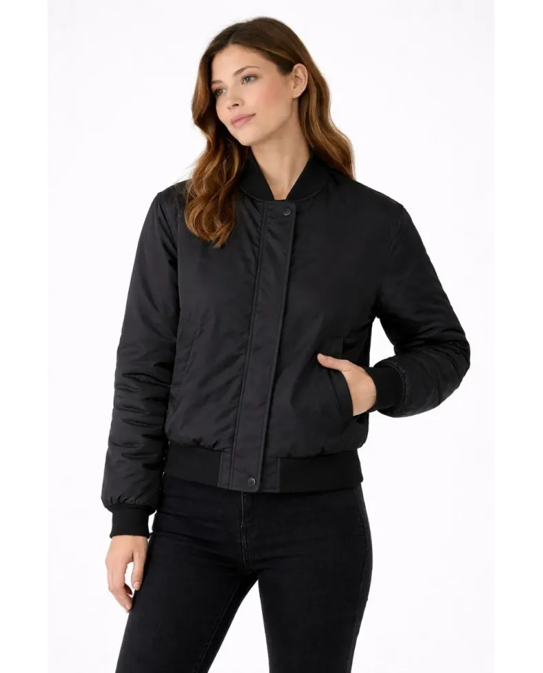 Kadın Premium Bomber Ceket Çıtçıt Kapamalı, Ribana Manşetli, Astarlı, Regular Fit Mont - Siyah