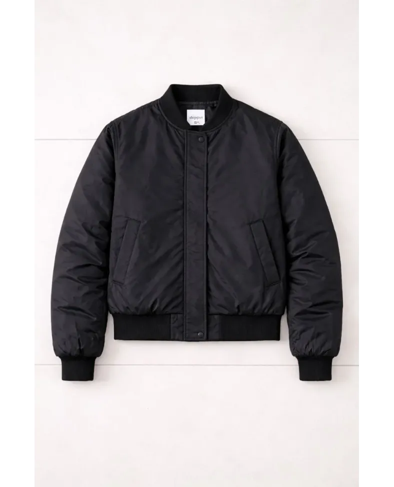 Kadın Premium Bomber Ceket Çıtçıt Kapamalı, Ribana Manşetli, Astarlı, Regular Fit Mont - Siyah