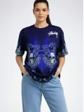 Kadın Oversize Tişört Dragon & Kuru Kafa Baskılı Bisiklet Yaka T-Shirt - Lacivert