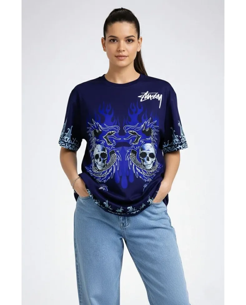Kadın Oversize Tişört Dragon & Kuru Kafa Baskılı Bisiklet Yaka T-Shirt - Lacivert