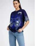 Kadın Oversize Tişört Dragon & Kuru Kafa Baskılı Bisiklet Yaka T-Shirt - Lacivert