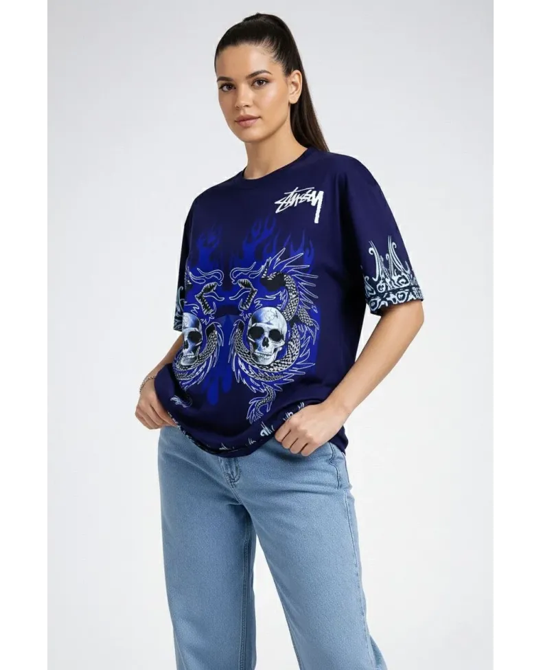 Kadın Oversize Tişört Dragon & Kuru Kafa Baskılı Bisiklet Yaka T-Shirt - Lacivert