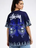 Kadın Oversize Tişört Dragon & Kuru Kafa Baskılı Bisiklet Yaka T-Shirt - Lacivert