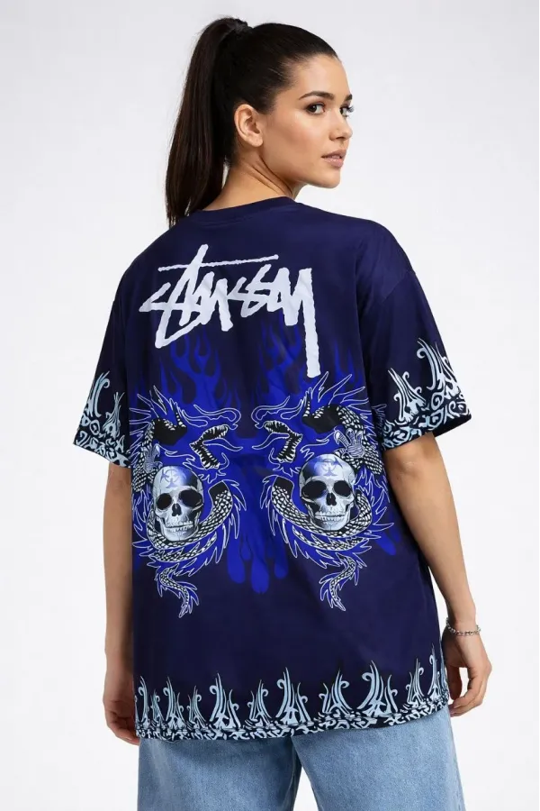 Kadın Oversize Tişört Dragon & Kuru Kafa Baskılı Bisiklet Yaka T-Shirt - Lacivert
