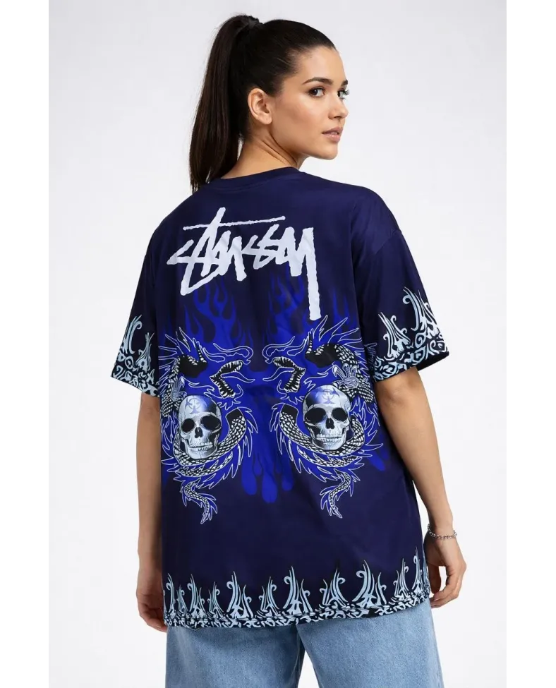 Kadın Oversize Tişört Dragon & Kuru Kafa Baskılı Bisiklet Yaka T-Shirt - Lacivert