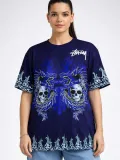 Kadın Oversize Tişört Dragon & Kuru Kafa Baskılı Bisiklet Yaka T-Shirt - Lacivert