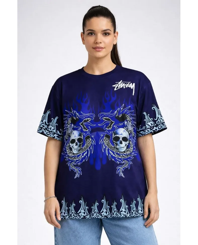 Kadın Oversize Tişört Dragon & Kuru Kafa Baskılı Bisiklet Yaka T-Shirt - Lacivert