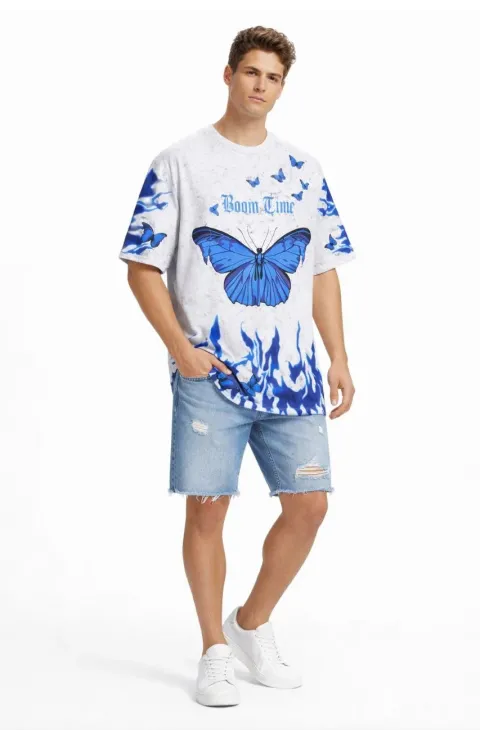 Erkek Asit Yıkamalı Oversize Tişört Mavi Kelebek Baskılı Dijital Print Bisiklet Yaka Streetwear T-Shirt - Beyaz