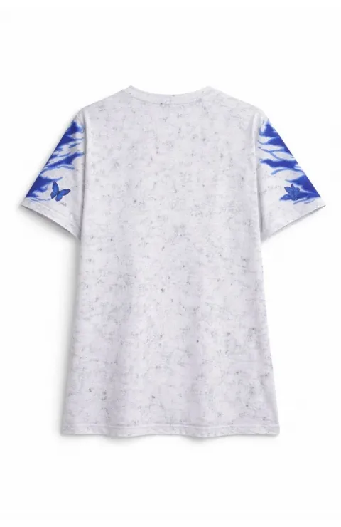 Erkek Asit Yıkamalı Oversize Tişört Mavi Kelebek Baskılı Dijital Print Bisiklet Yaka Streetwear T-Shirt - Beyaz