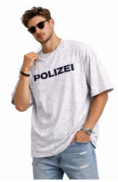 Erkek Asit Yıkamalı Oversize Tişört ön ve Arkası Baskılı %100 Pamuk Street Style T-Shirt - Beyaz