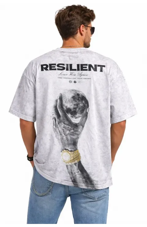 Erkek Asit Yıkamalı Oversize Tişört ön ve Arkası Baskılı %100 Pamuk Street Style T-Shirt - Beyaz