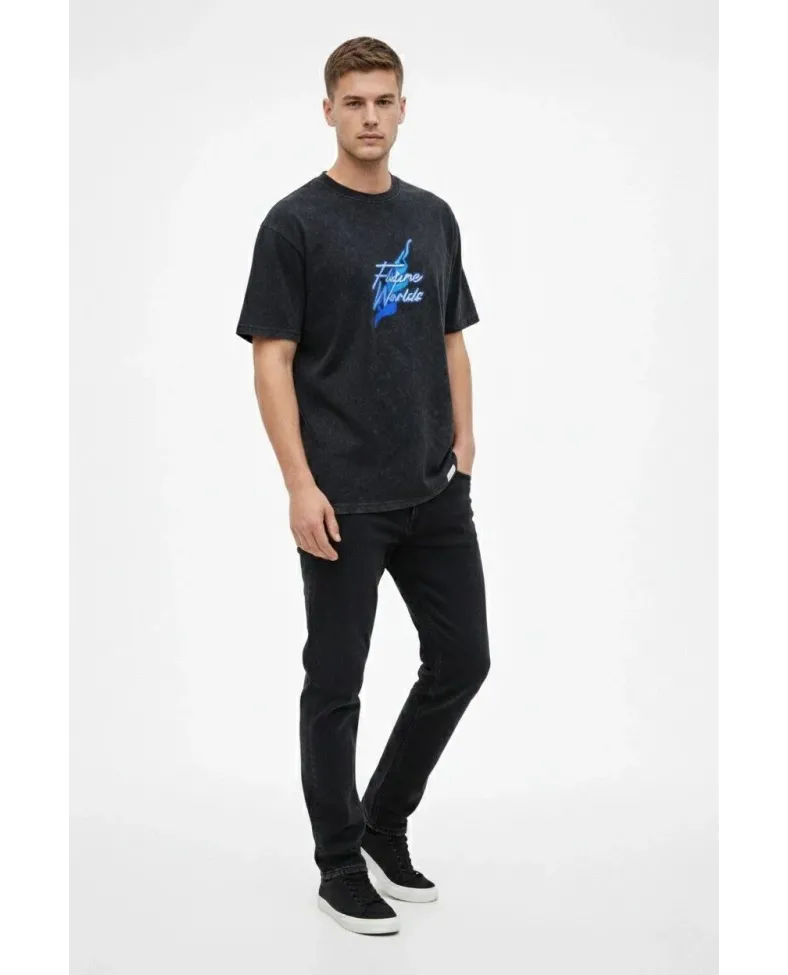 Erkek Asit Yıkamalı Oversize Tişört Bisiklet Yaka Kısa Kol T-shirt - Siyah Somersan Giyim | Kadın, Erkek ve Çocuk Moda