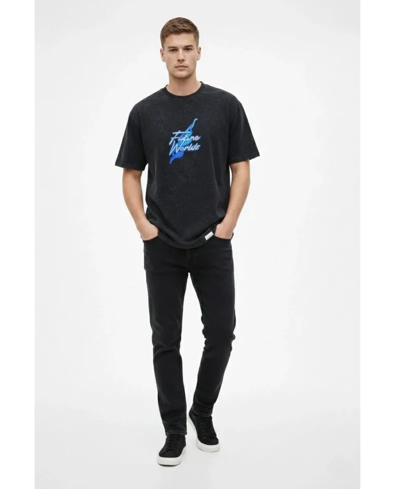 Erkek Asit Yıkamalı Oversize Tişört Bisiklet Yaka Kısa Kol T-shirt - Siyah Somersan Giyim | Kadın, Erkek ve Çocuk Moda