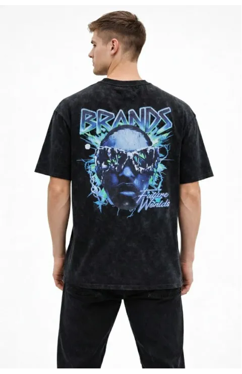 Erkek Asit Yıkamalı Oversize Tişört Future Worlds Baskılı Bisiklet Yaka Kısa Kollu Streetwear %100 Pamuk Street Style T-Shirt - Siyah