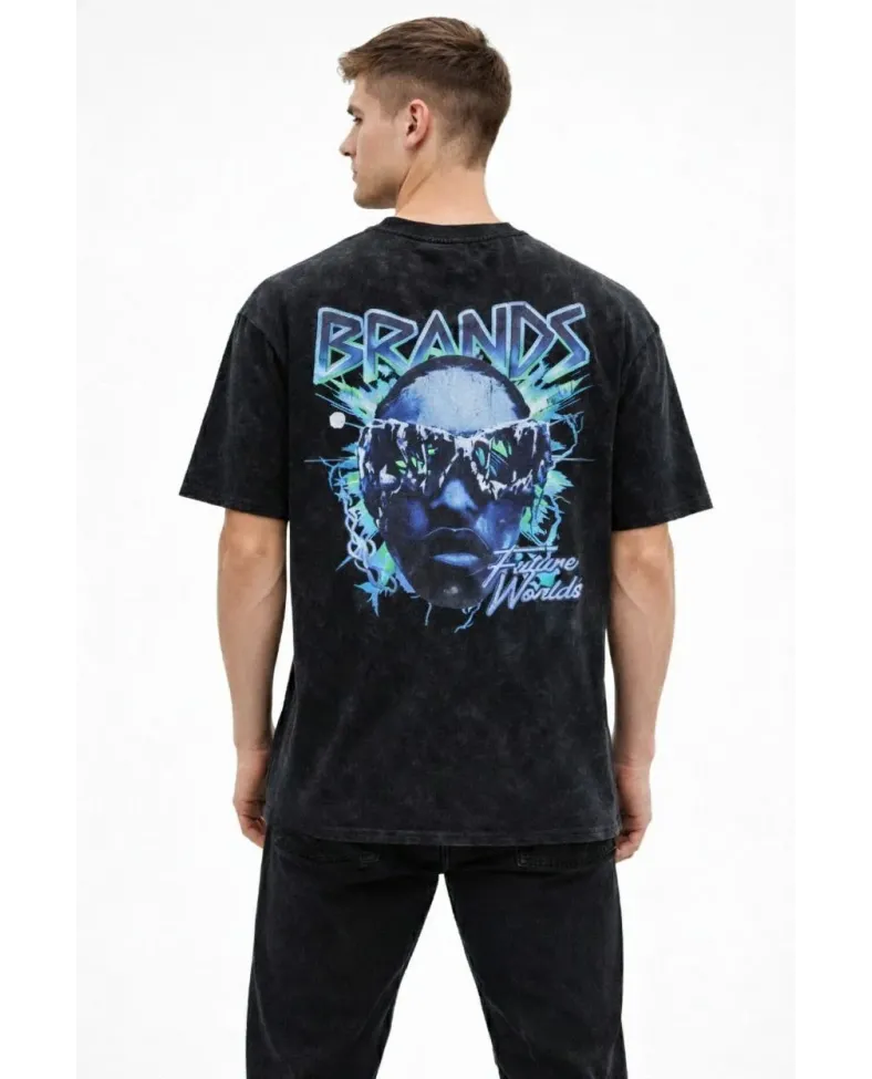 Erkek Asit Yıkamalı Oversize Tişört Bisiklet Yaka Kısa Kol T-shirt - Siyah Somersan Giyim | Kadın, Erkek ve Çocuk Moda