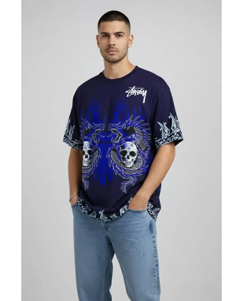 Erkek Oversize Tişört Dragon Kuru Kafa Baskılı Bisiklet Yaka T-Shirt - Lacivert Somersan Giyim | Kadın, Erkek ve Çocuk Moda