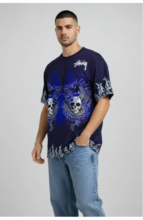 Erkek Lacivert Oversize Tişört Dragon & Kuru Kafa Baskılı Bisiklet Yaka Streetwear T-Shirt - Lacivert