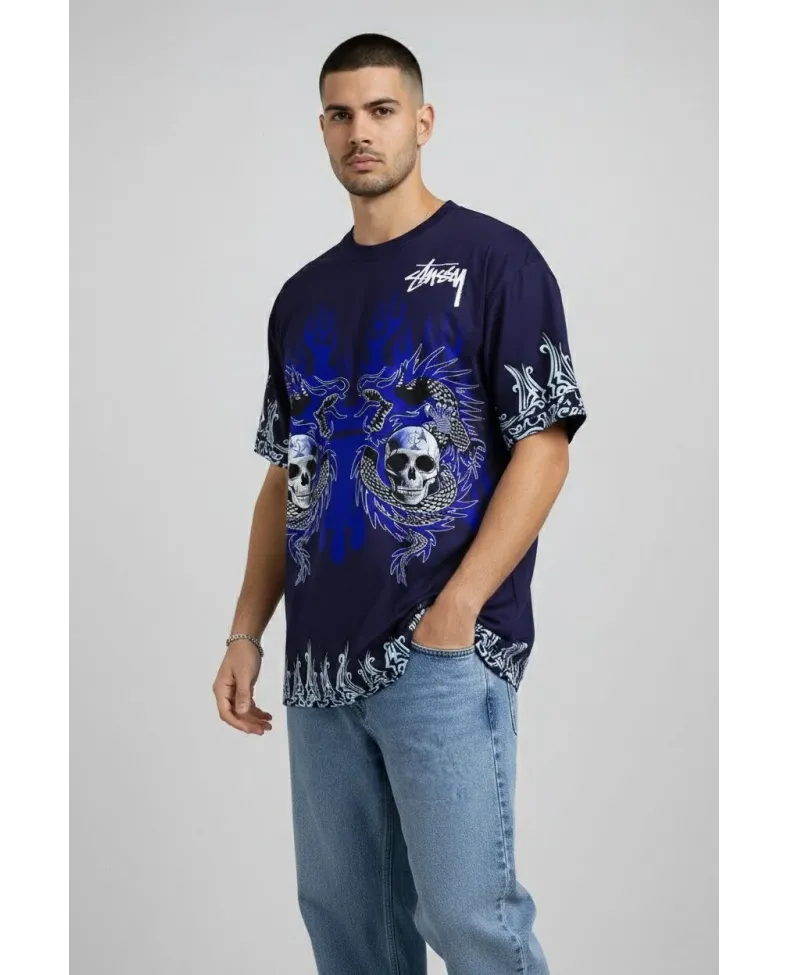 Erkek Oversize Tişört Dragon Kuru Kafa Baskılı Bisiklet Yaka T-Shirt - Lacivert Somersan Giyim | Kadın, Erkek ve Çocuk Moda