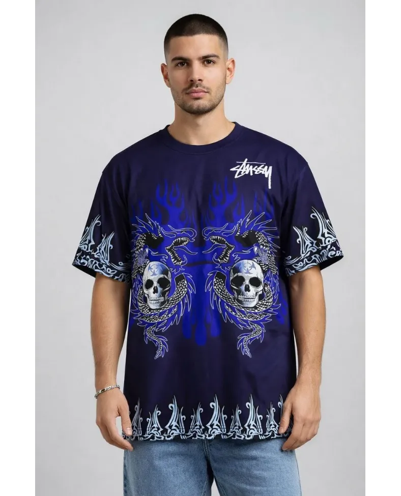 Erkek Oversize Tişört Dragon Kuru Kafa Baskılı Bisiklet Yaka T-Shirt - Lacivert Somersan Giyim | Kadın, Erkek ve Çocuk Moda