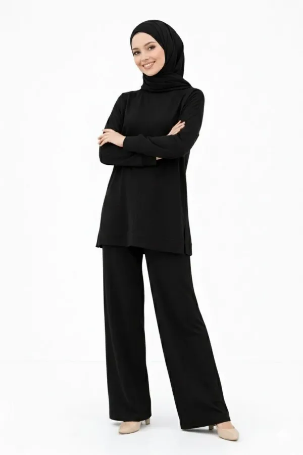 Osy Modal yumuşak dokulu Kadın Tesettür İkili Takım Yan Yırtmaçlı Uzun Tunik ve Düz Paça Pantolon, Salaş Kalıp - Siyah