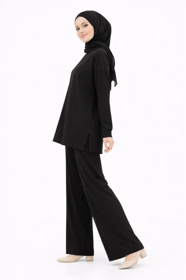 Osy Modal yumuşak dokulu Kadın Tesettür İkili Takım Yan Yırtmaçlı Uzun Tunik ve Düz Paça Pantolon, Salaş Kalıp - Siyah
