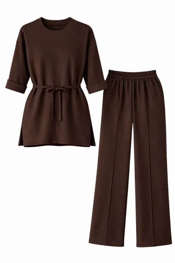 Osy Modal yumuşak dokulu Kadın Kuşaklı Tesettür Takım Salaş Kalıp 4/3 Kol Katlanmış kol İkili Takım - Kahverengi