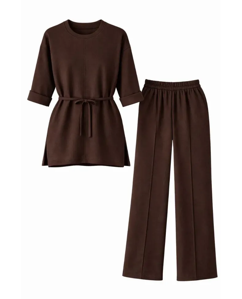 Osy Modal yumuşak dokulu Kadın Kuşaklı Tesettür Takım Salaş Kalıp 4/3 Kol - Kahverengi Somersan Giyim | Kadın, Erkek ve Çocuk Moda