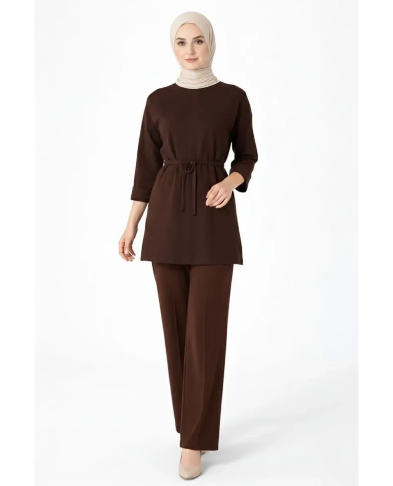 Osy Modal yumuşak dokulu Kadın Kuşaklı Tesettür Takım Salaş Kalıp 4/3 Kol - Kahverengi Somersan Giyim | Kadın, Erkek ve Çocuk Moda