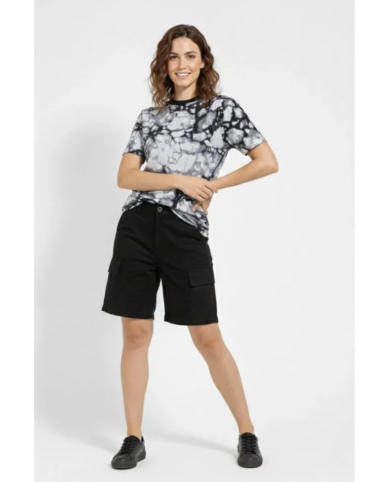 Kadın Siyah Gri Taş Desenli Tişört Regular kalıp Bisiklet Yaka Dijital Baskılı - Siyah Somersan Giyim | Kadın, Erkek ve Çocuk Moda