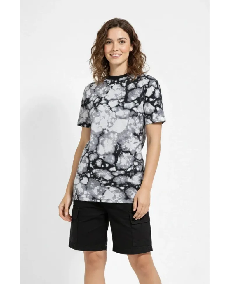 Kadın Siyah Gri Taş Desenli Tişört Regular kalıp Bisiklet Yaka Dijital Baskılı - Siyah Somersan Giyim | Kadın, Erkek ve Çocuk Moda