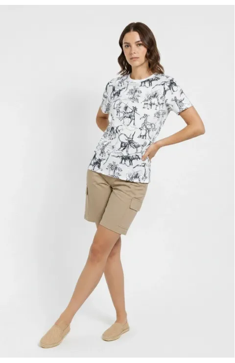 Kadın Beyaz Dinozor Desenli Tişört – Regular Kalıp, Bisiklet Yaka, Dijital Baskılı Pamuklu T-Shirt - Beyaz