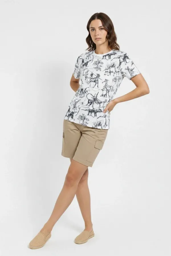 Kadın Beyaz Dinozor Desenli Tişört Regular Kalıp Bisiklet Yaka Dijital Baskılı - Beyaz