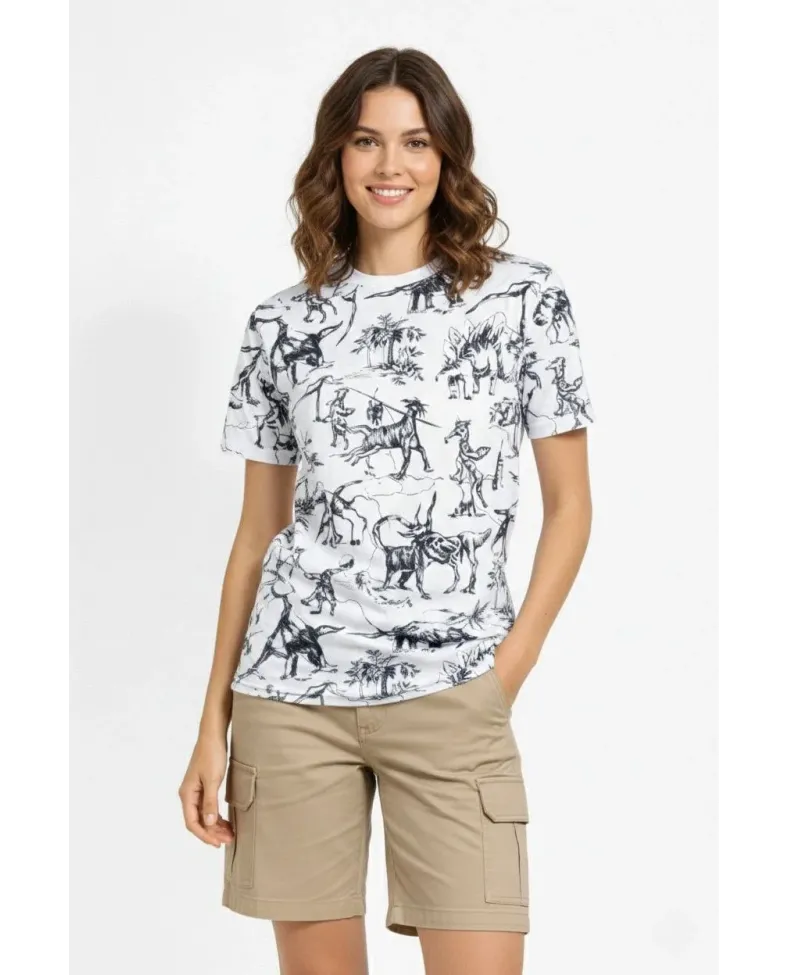 Kadın Dinozor Dijıtal ön ve arka Baskılı Tişört Bisiklet Yaka T-Shirt - Beyaz Somersan Giyim | Kadın, Erkek ve Çocuk Moda